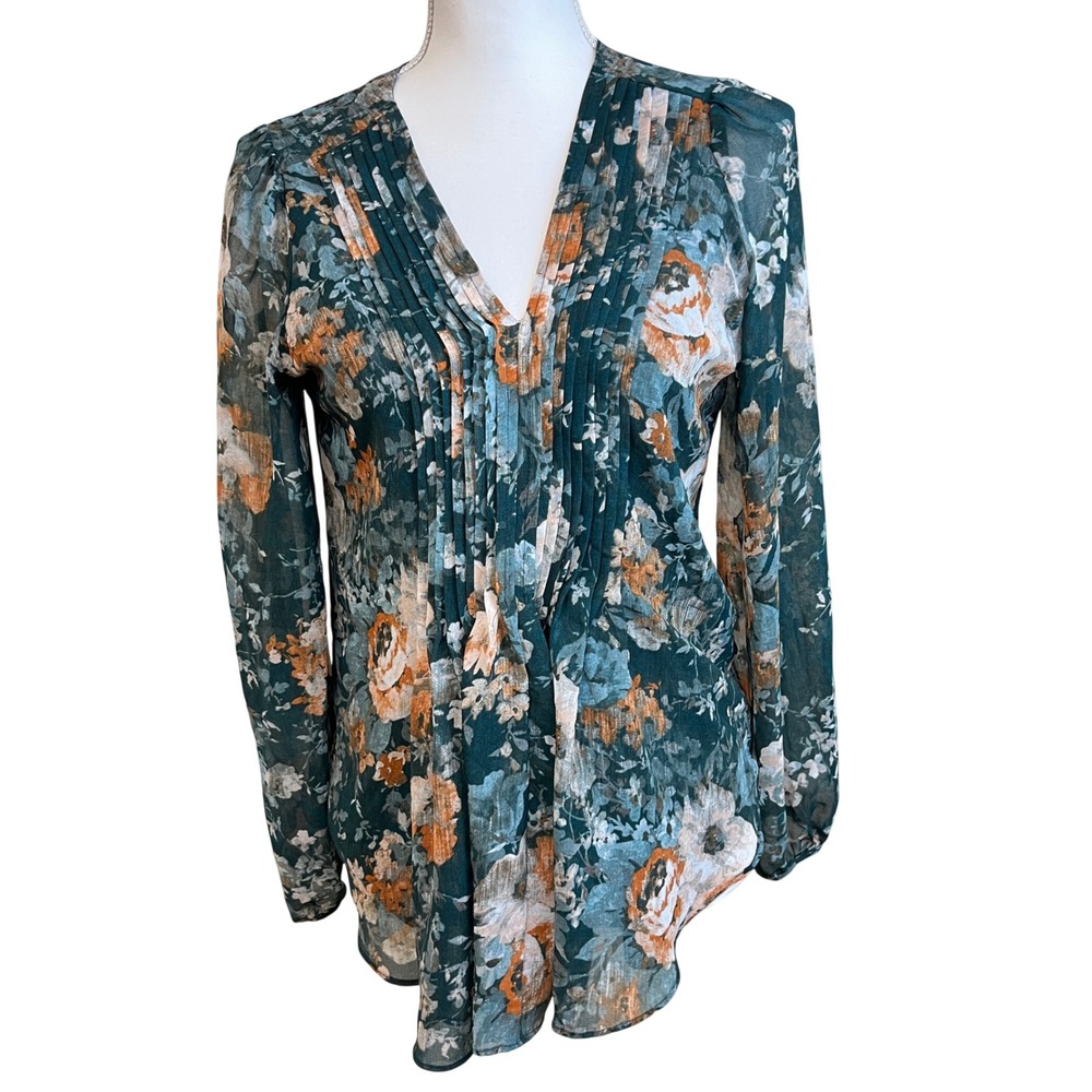 CALVIN KLEIN Dark Floral Green Long‎ Sleeve Tunic Blouse Top Sz M Botanical
